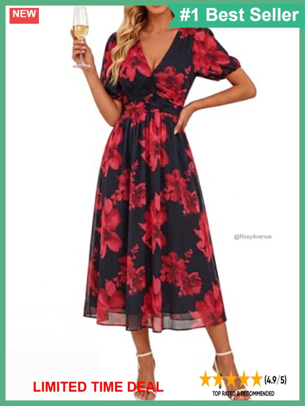 Mesh Flowy A-Line Midi Dress V-Neck Puff Sleeve Ruched Waist Wedding Guest